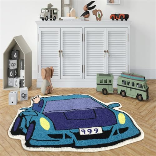 RUILBJM Auto 3D Teppich, Formteppich Cartoon Form, Saugfähiger Badezimmer Bodenmatte, für Spielzimmer Flur Eingang Wohnzimmer Schlafzimmer, Rutschfester Flanell Teppich Carpet (Blau,60x90cm)
