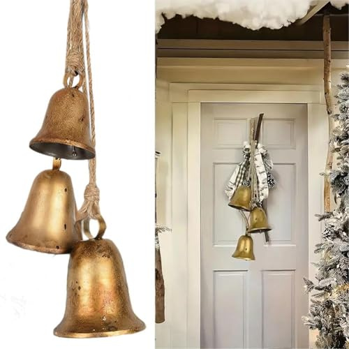 Retro Decorative Bells, 3 Piece Set Handmade Christmas Bell, Farmhouse Bell CowBells on Jute Rope, Rustic Metal Christmas Bells Large Hanging Brass Cowbells For Xmas Decoration