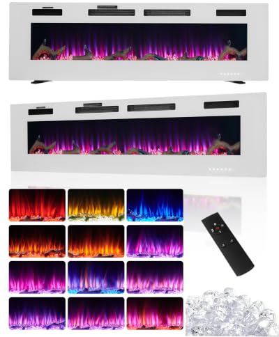 42/50/60 Ultra-Thin Electric Fireplace 750W/1500W Energy Efficient Heater Freestanding/Wall Mounted/Recessed 12 Colours Flame Effect 5 Brightness Levels Remote & Touch(White, 60in/152cm)