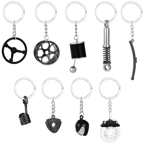 Sinbana 9 Uds Llavero Piezas Coche para Hombre, Geniales Llaveros de Coche Turbo Palanca Cambios Rueda Rotor de Freno Pistón Amortiguador Casco Llaveros para Entusiastas y Mecánicos