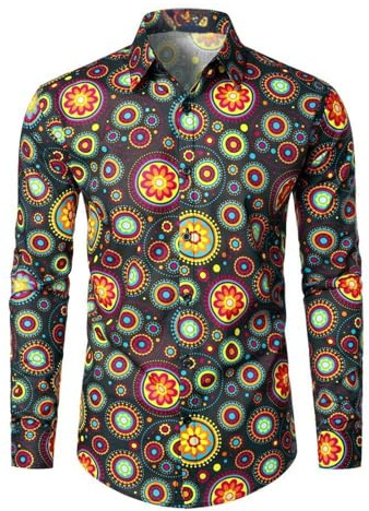 Costume hippie da uomo, camicia hippie, camicia hawaiana Langram, costume da carnevale 70, abbigliamento Flower Power, camicia estiva con fiori da discoteca, camicetta colorata rockabilly, per