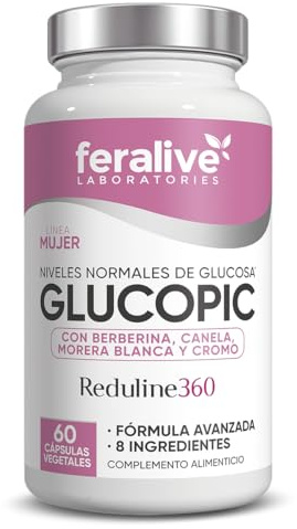 Feralive Laboratories Glucopic 60 Cápsulas – Reduline360® con Berberina y Morera Blanca, Té Verde, Alcachofa, Canela, Cardo Mariano – Regulación de Glucosa, Control de Peso y Metabolismo Energético