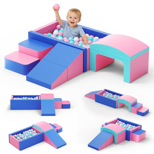 Krovtoy 6pcs Schaumstoff Bausteine Kinder, Schaumstoff Bausteine mit Bällebad & Tunnel, weiche Softbausteine als Indoor-Klettergerüst für Kleinkinder, Rosa & Blau