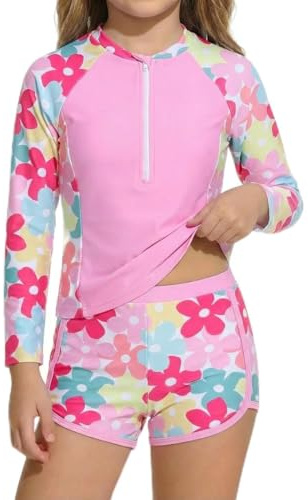 JiAmy Girls Swimsuit 2 Piece Rash Guard Set Long Sleeve UV Sun Protection Swimwear with Shorts Half Zip Mermaid Unicorn Flamingo Floral Bathing Suit 3-7 Years