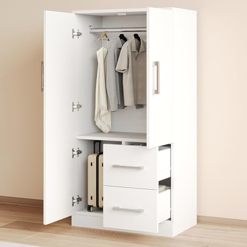 KIKZREN Kleiderschrank 70 x 40 x 135 cm, mit Doppeltür, Kleiderstange, 2 Schubladen und Staufächern, Kompakter Kinderkleiderschrank für Hochbett und Kinderzimmer, Holzwerkstoff, Weiß