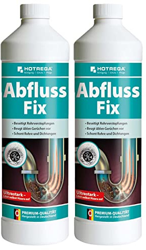 HOTREGA Abfluss Fix 2x 1 L Konzentrat | Rohrreiniger gegen Haare & Fett | Abflussreiniger für Dusche, WC, Küche | Wirkt schnell ohne Geruch | Schützt alkalibeständige Siphons & Dichtungen