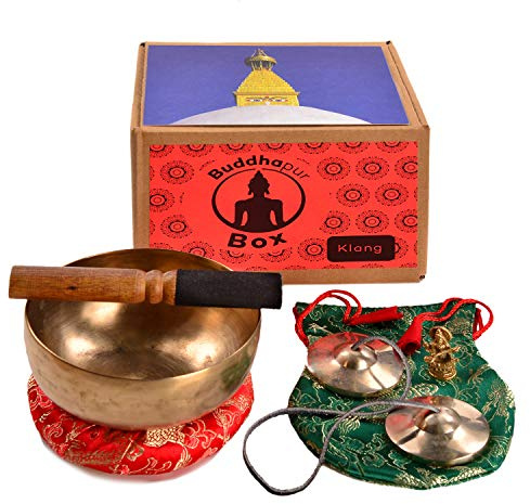 Buddhapur Klang Box: Klangschale, Zimbeln, Buddhafigur Saraswati, Reibestab, Untersetzer und Beutel | Handarbeit aus Nepal
