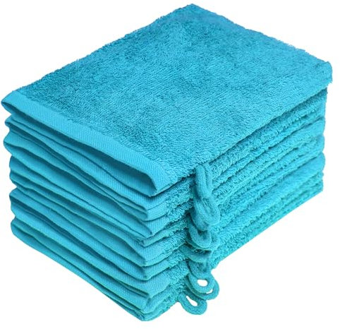 NatureMark Pack de 10 Guantes de Baño de Rizo 100% algodón – Suaves y Resistentes, Ideales para el Cuidado Diario y para Invitados – Turquesa, 15x21 cm