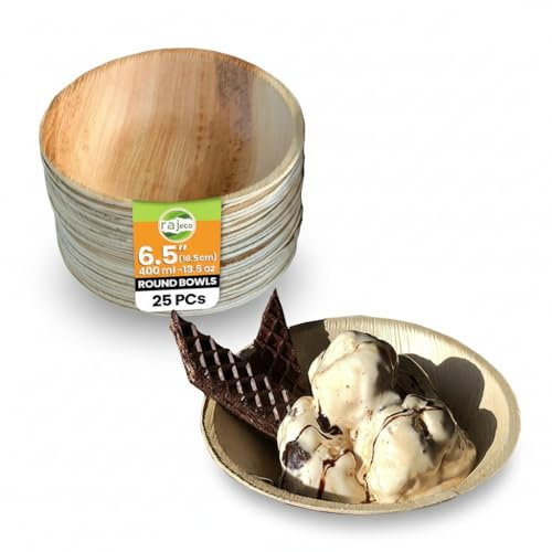 Raj Palm Leaf Round Bowls 6.5 (16.5cm) | 25 Pack | Compostable | Natural texture, eco-friendly & strong. Perfect for dinner, camping, BBQ & outdoor gatherings.
