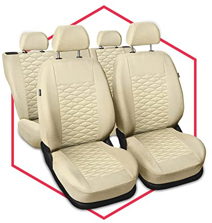 Saferide 3er Set Autositzbezüge PKW universal | Auto Sitzbezüge Kunstleder Beige für Airbag geeignet | für Vordersitze und Rückbank | 1+1 Autositze vorne und 1 Sitzbank hinten teilbar Reißverschlüsse