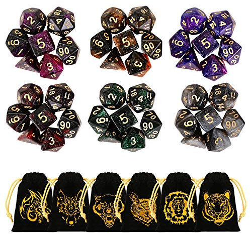 GWHOLE 6 x 7 (42 Stück) Polyedrische Würfel Set Glitzernd mit Taschen Doppel-Farben Polyedrischer Spielwürfel für Dungeons and Dragons DND RPG MTG W20 W12 W10 W8 W6 W4 Tischkartenspiele
