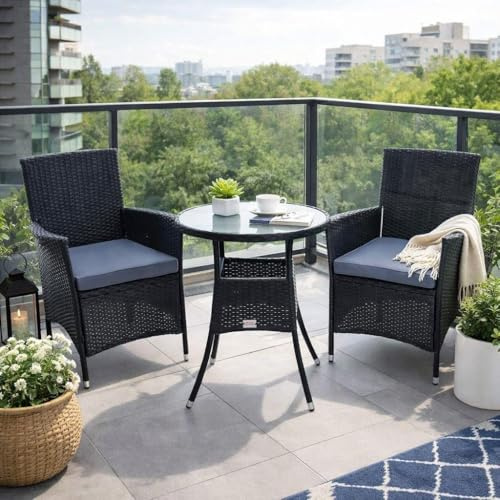 ESTEXO Polyrattan Garten Set Rattan Sitzgruppe Essgruppe Gartenmöbel-Set Garten Sessel Rattanstühle Balkonstühle Beistelltisch Gartentisch Tisch (Schwarz)