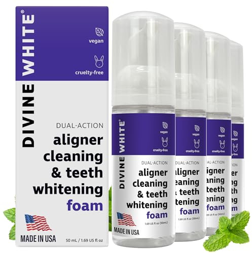 Divine White 2 in 1 Aligner Cleaning and Teeth Whitening Foam, Vegan Formula Invisalign, Hawley Trays, Aligners, Retainer Cleaner Foam, Menthol Freshness Tooth Whitener Kit, Pack of 4