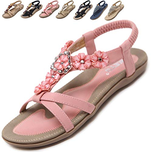 Acfoda Sandales Femme Été Confortable Plats Nu Pieds Cuir Tong de Plage Mode Claquettes Bout Ouvert avec Strass Rose 35