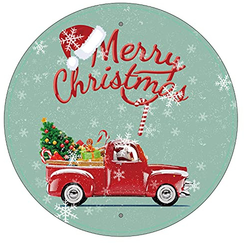 CREATCABIN Feliz Navidad Cartel Chapa Redondo Árbol Metal Papá Noel Copo Nieve Retro Cartel Vintage Placa Pared el Hogar Fiesta Navidad Suministros Regalo Jardín Cafetería Tienda Al Aire Libre 12