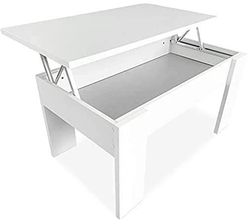 Duérmete Online - Mesa de Centro Elevable, Mesita de Salón o Comedor, Madera, Acabado en Color Blanco, Medidas: 90 cm (Ancho) x 50 cm (Fondo) x 46-57 cm (Alto)
