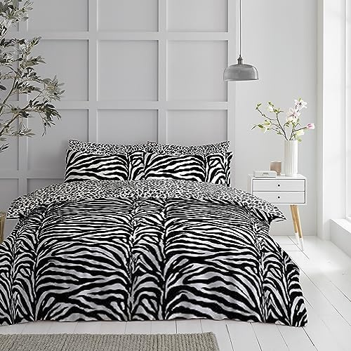 GC GAVENO CAVAILIA Pflegeleichtes Wende-Bettwäsche-Set, Zebrahaut, Doppelbett-Set, Tier-Bettbezüge mit Kissenbezug, Weiß/Schwarz (200 x 200cm)