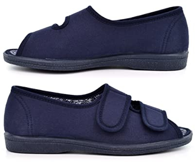Womens Wide Fit Slippers Wide Slippers Ladies EE Slippers Womens Open Toe Slippers Ladies Peep Toe Slippers Womens 2E Slippers Womens Peep Toes Ladies Open Toes Touch Fastening Navy
