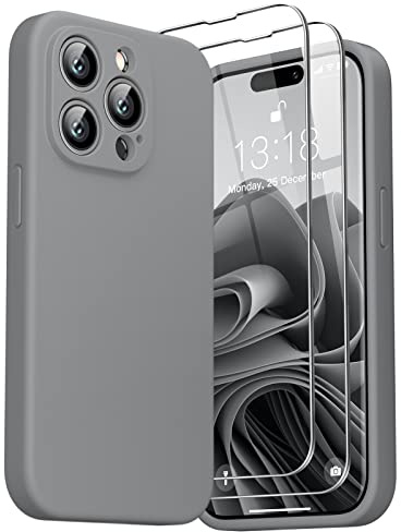 GOODVISH for iPhone 14 Pro Case Silicone with HD Screen Protectors X2, Grey | Full Body&Camera Protection, Premium Liquid Silicone, Shockproof Phone Case, Soft Touch&Anti-Scratch Microfiber Lining Cover