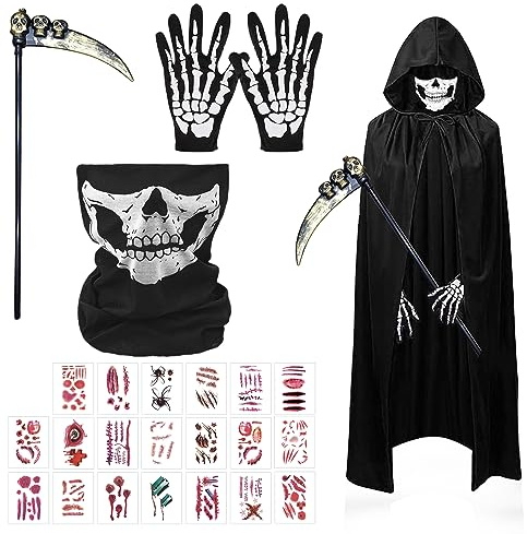 GAROMIA Costume Faucheur Enfants 120cm Déguisement Faucheuse Enfant avec Faucille Faucheur Visage Crâne Gants Crâne Costumes Faucheuse d'Halloween pour Enfants Halloween Carnaval