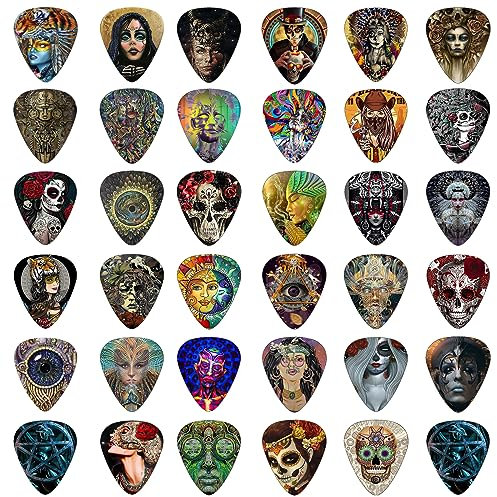 36 Stück Guitar Picks CONNECTION Gitarre Picks Plektrum Akustikgitarre Gitarren-Plektren Set 0.5/0.71/1/1.2mm 4 Verschiedene Stärke Celluloid Gitarren Plektren für E-Gitarre Ukulele Gitarren Zubehör