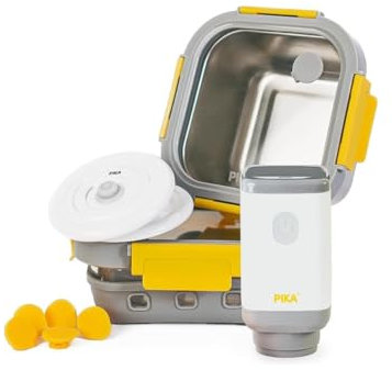 PIKA - Kit de démarrage sous vide : Pompe électrique + 2 couvercles de mise sous vide + 2 boites alimentaires sous vide + 5 valves pour boites alimentaires Pika| Appareil de mise sous vide alimentaire