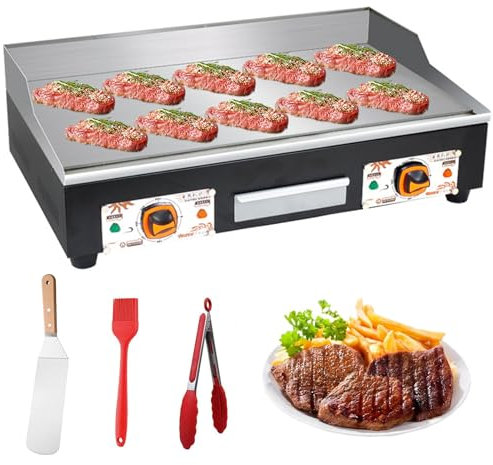 RUYICZB Plancha Cocina Eléctrica Profesional, Grill Electrico De Acero Inoxidable (Placa: 730X400mm, Potencia: 4400 W, Superficie Calefactora: Lisa, Protector contra Salpicaduras)