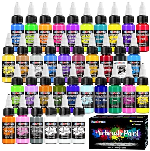 FansArriche Airbrush Paint, 34 Colours +2 thinner, Water-based Air brush Paint Kit, Opaque & Neon Colours, Premium Airbrush Paint Set for Beginners, Artists, DIY Projects