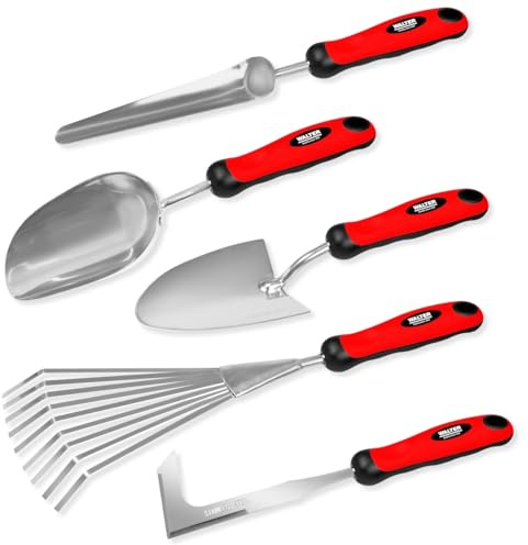 WALTER Gartenwerkzeug Set, 5-teiliges Set mit rostfreiem Stahl | Pflanz- & Volumenschaufel, Federrechen, Unkrautkelle & Fugenkratzer, Köpfe