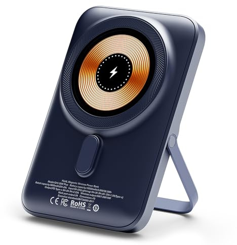 FUJIL 10,000mAh Magnetic Power Bank with Metal Kickstand LED Display 15W Wireless Charger, 20W USB-C Wired Charging for Qi Android and iPhone 15/14/13/12 Series (Dark Blue)