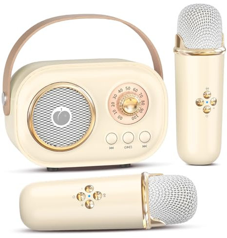 Mini Machine à Karaoké pour Enfants et Adultes, Enceinte Bluetooth Portable avec 2 Microphones sans Fil, Cadeaux pour Filles de 3 à 8 Ans+, Anniversaire, Fête en Famille à La Maison-Beige