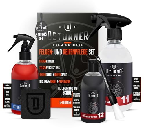 Felgenreinigung & Versiegelung Set | Deturner Bloody Wheels 500ml Premium Felgenreiniger + Deturner Creamy Tire Dressing 250ml + Deturner Wet Coat 250ml + Felgenpinsel + Reifen Applikator | 5-Teilig