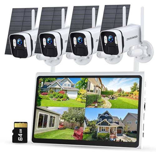 ZHXINSD Solar Powered Security Camera Outdoor Wireless System, 5G/2.4G WiFi, 4PCS 4MP Bullet Outdoor Camera with Solar Panel,10CH 10 Monitor Home Security System, AI Human Detection, 2-Way Audio