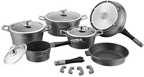 Set 14 Pezzi in Pietra LAVICA PENTOLE PADELLE e Coperchio per Uso Professionale E Domestico, Modello RL-ES1014M (Grigio)