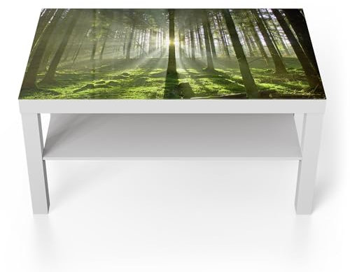DEQORI Glastisch | weiß groß 90x50 cm | Motiv Waldlichtspiele | ausgefallener Beistelltisch aus Glas | Hochglanz Couchtisch fürs Wohnzimmer | moderner Couch Tisch mit Design
