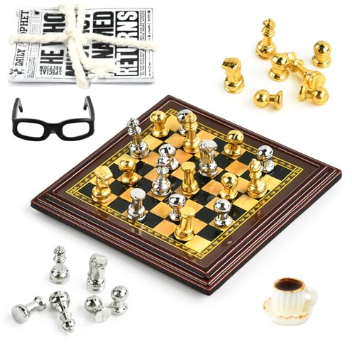 Miniatur Schach, Miniatur Puppenhaus Zubehör, Schachspiel Puppenhaus, Puppenhaus Bierkrug, Miniatur Schachbrett Puppenhaus Zubehör Weihnachten, Geeignet zum Dekorieren von Puppenhäusern (A)