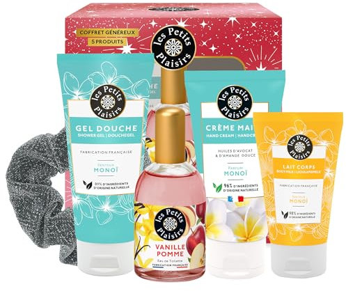 Les Petits Plaisirs - Coffret parfum Vanille Pomme, Eau de toilette femme, Gel Douche, Crème Mains, Lait corps, Coffret cadeau femme, Made in France, 5 produits