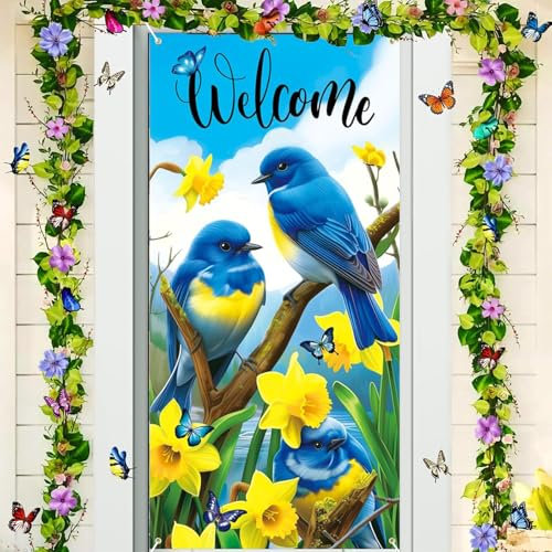 Couverture de Porte de Printemps Decoration Suspendue Bannière Toile de Fond de Printemps Fleurs, Welcome Bannière de Porte pour Décoration Pâques, Baby Shower, Fête de Printemps