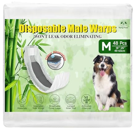 Flying Paws Hundewindeln für Rüden, M-48 Stück mit Aktivkohle Rüdenwindeln | Odour-Neutralisierung, Weiche und Atmungsaktive, Super Saugfähig Hundewindeln, für Markierung, Harninkontinenz, Reisen