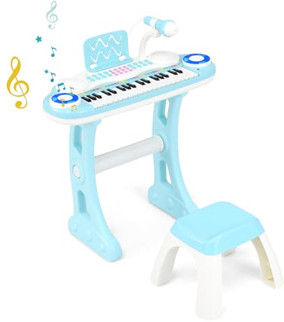 DREAMADE Piano Électronique à 37 Touches pour Enfant, Clavier de Piano avec Pieds de Table Amovible, Tabouret et Haut-parleurs, pour Enfant 3+ Ans (Bleu 37 Touches)