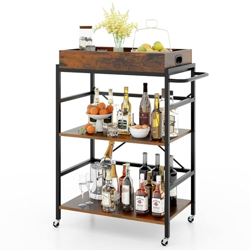 COSTWAY Carrito de Servicio de 3 Niveles, Carrito Móvil Industrial con Bandeja Desmontable, 4 Ruedas Bloqueables y 1 Asa Práctica, Barandillas Protectoras, Carrito Cocina para Bares, Restaurantes