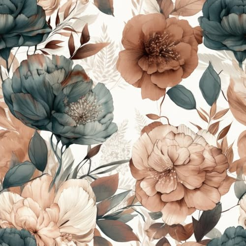 Alzkkll Braunes Cyanfarbenes Blumenmuster 44.5CM x 6M Kontakt Papier Abnehmbar Wasserdicht Tapete Dekorative Vinyl Selbstklebende Tapete Geeignet Für Küche, Bad, Schlafzimmer, Wohnzimmer