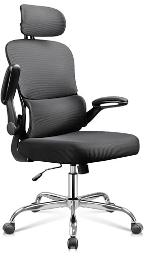 DEVAISE Bürostuhl Ergonomisch, Schreibtischstuhl mit Lendenwirbelstütze, 3D-Kopfstütze, 90° Klappbaren Armlehnen und Atmungsaktivem Netzrücken, Wippfunktion für Büro & Homeoffice, bis 150kg, Schwarz