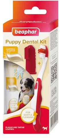 Beaphar Pack Dental para Cachorros – Pasta de Dientes con Enzimas + Cepillo de Dientes y Cepillo de Dedo – Higiene Bucal, Aliento Fresco y Prevención de Placa y Sarro – Sin Flúor