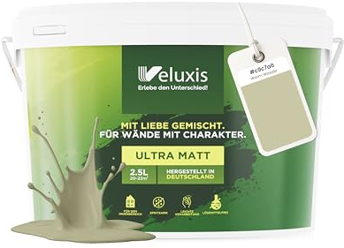 Veluxis Wandfarbe Grün Beige Hellgrau matt 2,5 L | Innenfarbe mit Deckkraft Klasse 1, VOC-frei, ohne Grundierung, tropfarm, für Wohnzimmer und Schlafzimmer