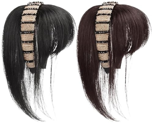 Strass breites Stirnband mit Pony, 9, 8 Zoll synthetisches Haar Pony Stirnband, stilvolle natürliche Haarclip für Frauen Mädchen dunkelbraun ...