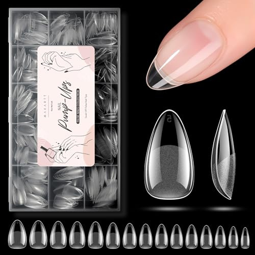 Makartt Short Almond Nail Tips 510pcs 15 Sizes Full Cover Half Matte | False Nails for Gel Extensions & DIY Press On, Pre-Buffed No File Acrylic Soft Gel Nail Tips Salon At home