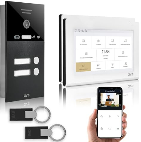 GVS Video Türsprechanlage 2-Familienhaus - RFID, 2x7 Zoll Monitor | Smarte Video Türklingel mit Kamera und Monitor & App - Gegensprechanlage mit Türöffner & RFID (AVS4466U)