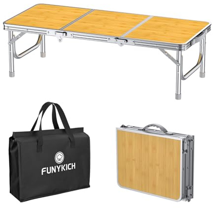 FUNYKICH 3ft Klappbarer Campingtisch 87x40x26cm, Kleiner Faltbarer Klapptisch mit Tragetasche, Aluminium Tragbar Falttisch, MDF Platten Multifunktionstisch für Picknick Camping Strand Balkon, Gelb