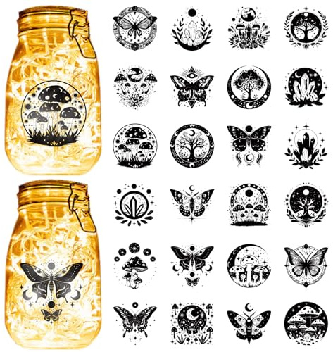 CREATCABIN 24Pcs 24 Styles Mushroom Silhouette Mason Jar Decor PVC Laser Cut Butterfly Moon Sun Tree Scrapbook Cardboard Lantern Hanging Cutouts Ornaments for Frosted Glass Window Black 3.9x3.5Inch
